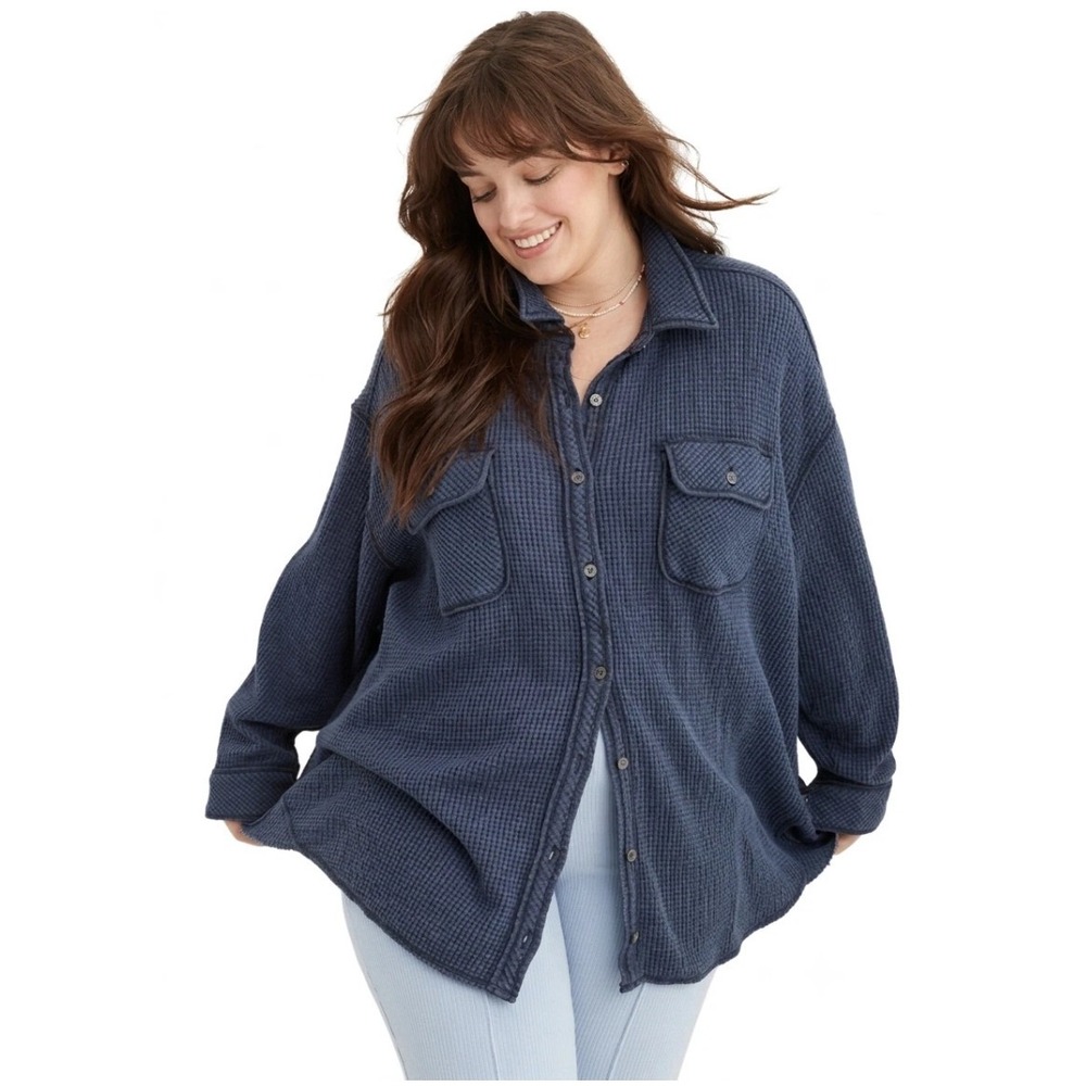 Aerie Blue Lumberjane Waffle Knit Button Down Shacket Shirt Sz S Oversized Baggy
